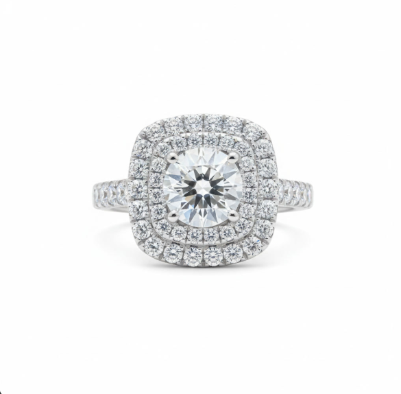 1,50 karaat dubbele halo kussen geslepen diamanten pavéring