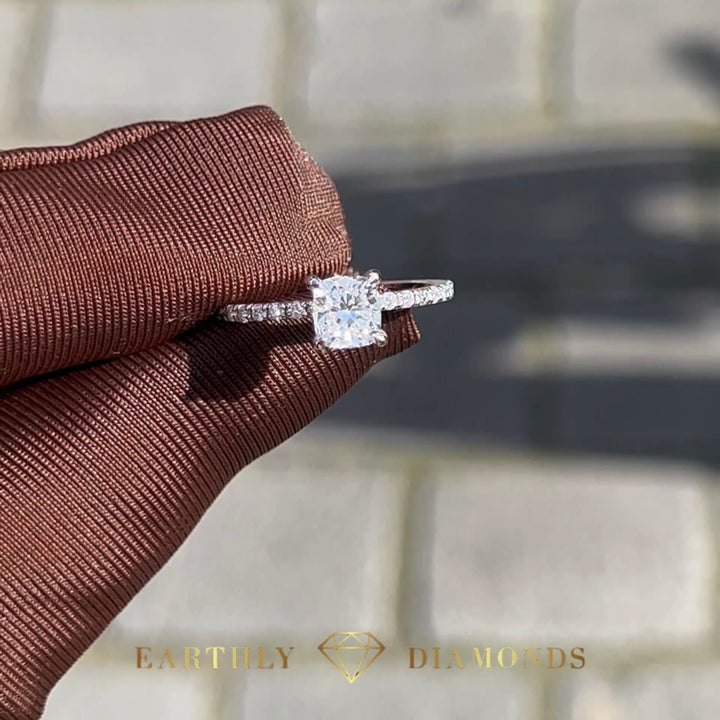 1Ct Cushion With Side And Hidden Halo Diamonds Ring