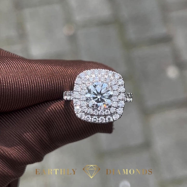 1,50Ct Double Halo Cushion Diamond Pave Ring