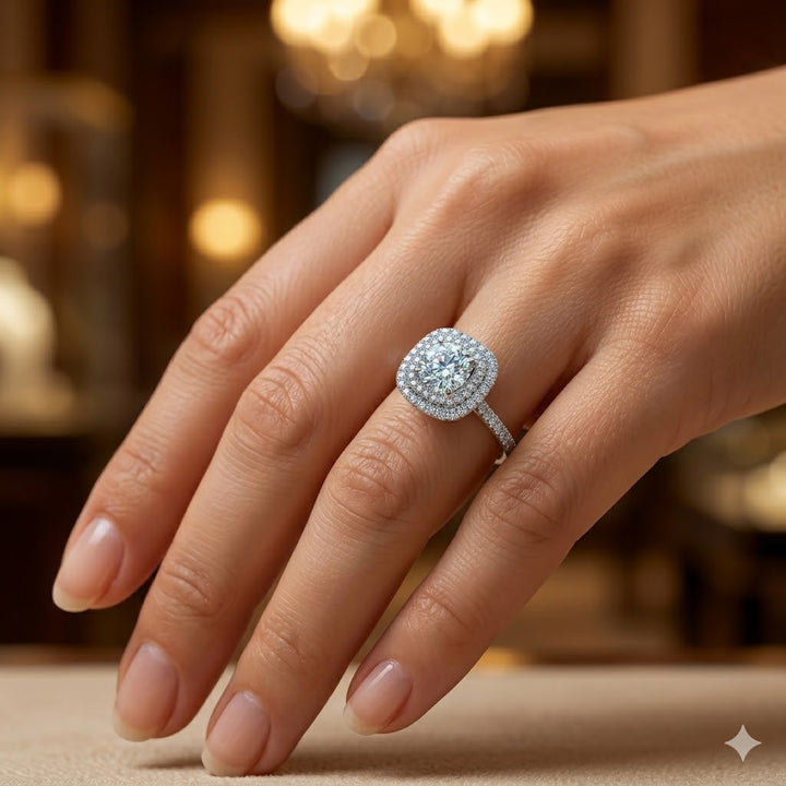 1,50 karaat dubbele halo kussen geslepen diamanten pavéring